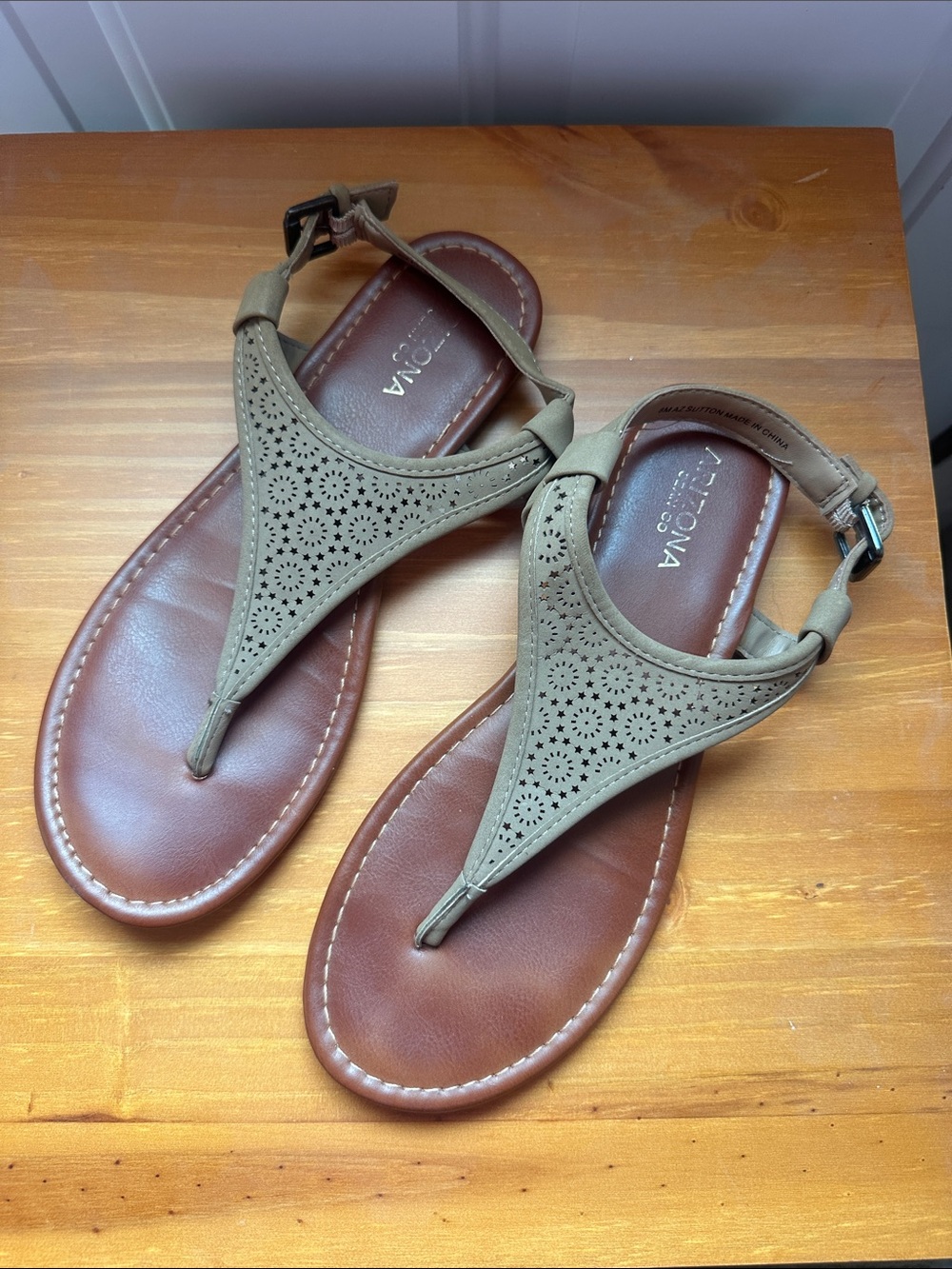 Dark Khaki Laser-Cut T-Strap Sandals for Women